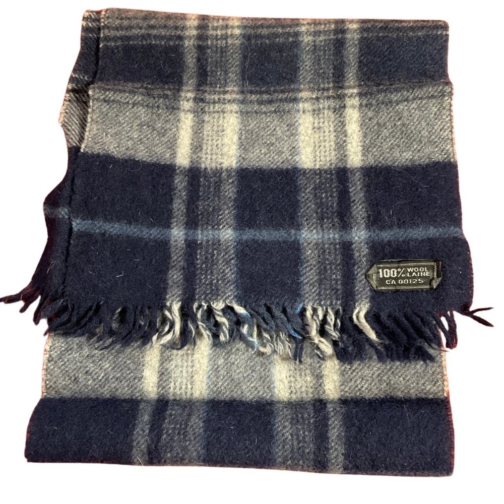 100% Wool Navy and Gray Plaid Men’s Scarf